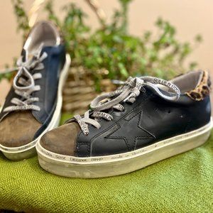 Women's Golden Goose Hi-Star Sneakers (Black and Leopard Print)